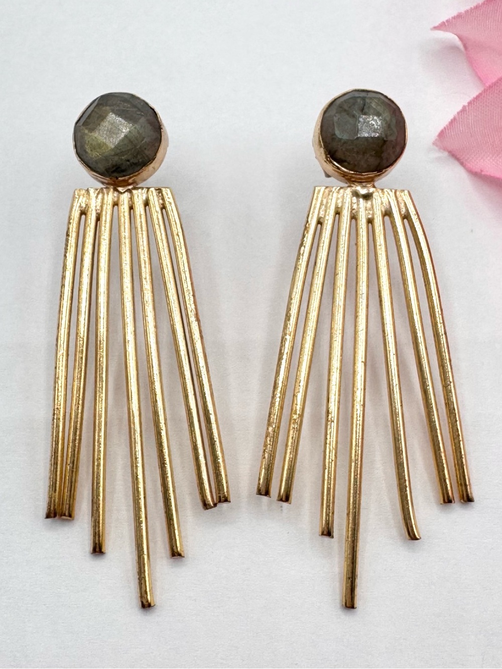 Artisan Labradorite Earrings Modernist Artsy Tribal Aztec Art To Wear Gold Tone